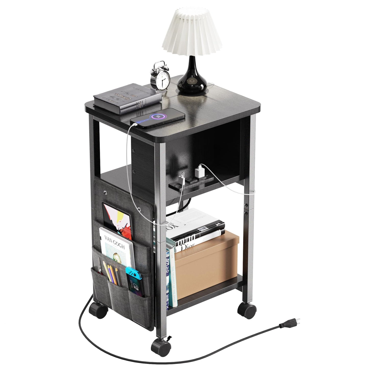 Merapi Small End Table with Charger, Side Table on Wheels, Mobile Nightstand with USB Ports, Black Sofa Side Table with Storage for Small Spaces, Living Room, Bedroom, Study, Home Office