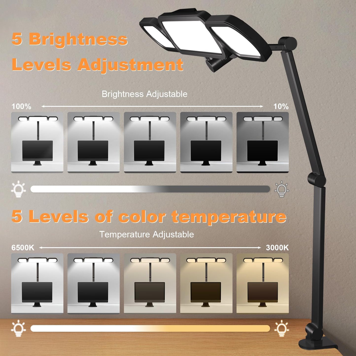 NUERPO LED Desk Lamp with Clamp,Adjustable Swing Arm Desks Lamps for Home Office,Dimmable Tempering Eye Care Desk Light Bright Modern Led Table Lamp for Nail Tech Archite (3 Section Swing Arm)