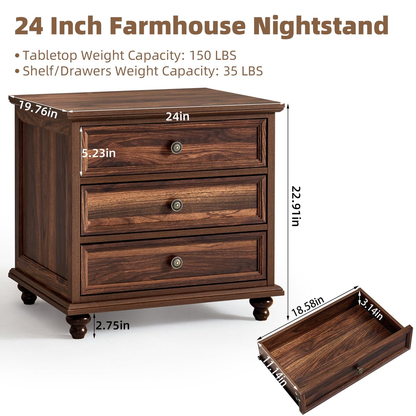 Joaxswe 24" Wide Farmhouse Night Stand Set of 2,Large End Table with 3 Drawers & Metal Handle,Brown Wood Dresser for Bedroom Cabinet, Bed Side Table Chest of Drawers,Nightstand for Living Room,Closet