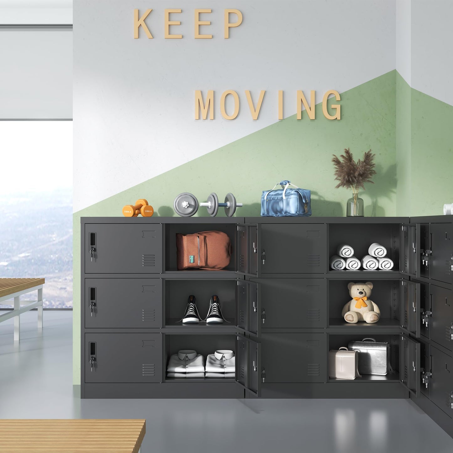 IKIMI Metal Lockers for Employees, Office Storage Locker with 6 Doors, Black, 35.43" W x 15.75" D x 39.37" H, Steel Staff Locker Storage Cabinet for Gym, Home, School, Garage, Assembly Required