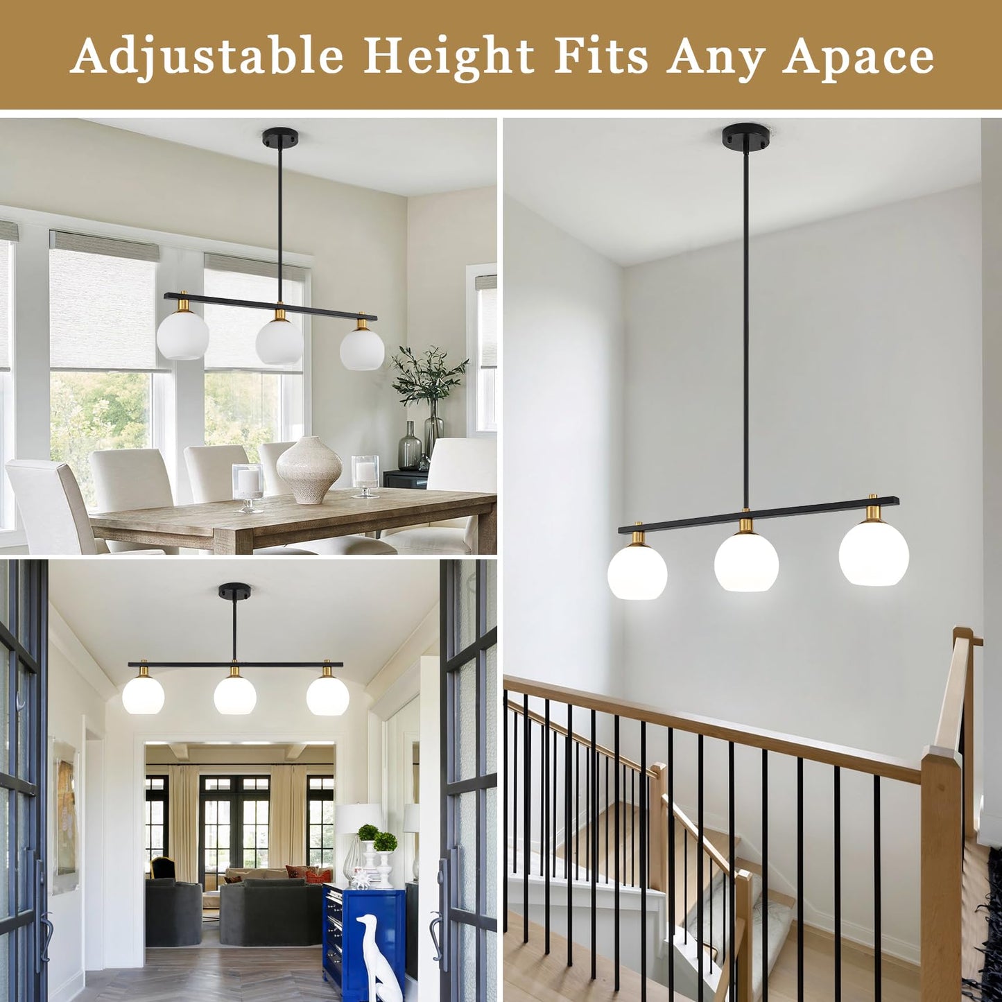 Black and Gold Chandeliers for Dining Room Chandelier Over Table 3-Light Kitchen Island Lighting with Glass Shades Linear Pendant Lighting Fixture Modern Island Lights for Kitchen Table Foyer Bar