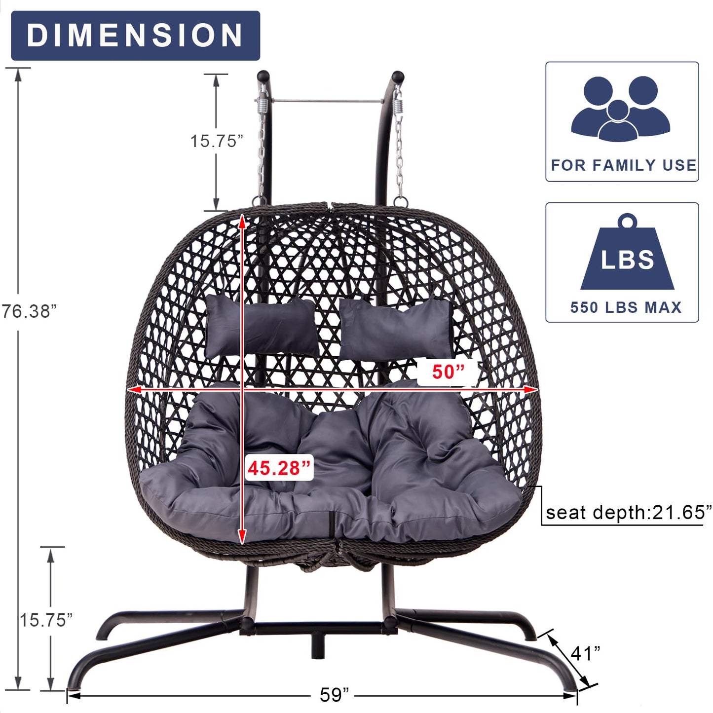 Double Swing Egg Chair with Stand, Foldable Wicker Hanging Swing Chair for Outdoor Garden Patio, 2 Person Egg Chair Loveseat with Removable Cushions (Dark Gray)