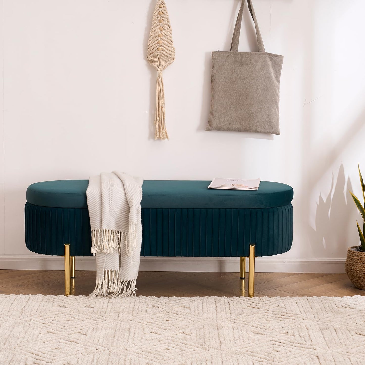 AIITTCC Velvet Storage Bench for Bedroom Upholstered End of Bed Bench Modern Ottoman with Gold Legs for Living Room/Window/Entryway (Teal/Blue-Green, Oval-45.5" W)