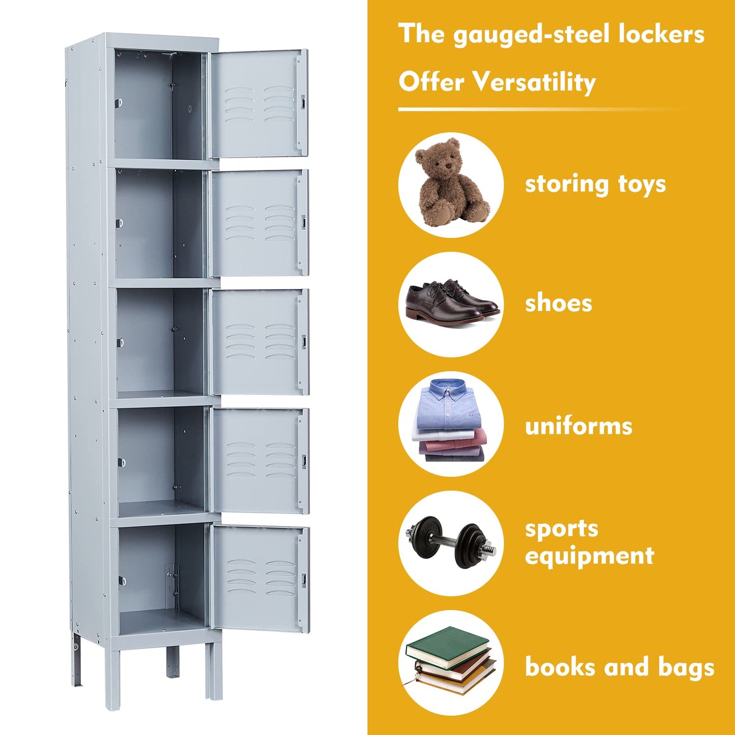 MIIIKO Metal Locker for Employees, 5 Tier Storage Shelves Cabinet, Steel Lockers with 5 Lockable Doors, for School, Home, Office, Changing Room and Gym
