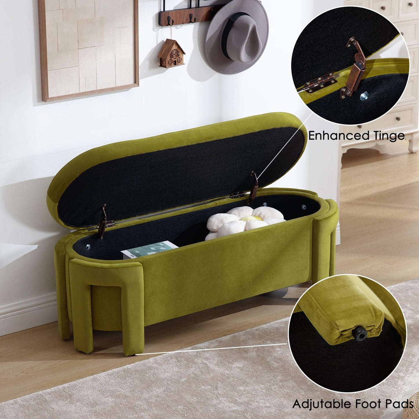 Janoray Modern Upholstered Storage Bench, Velvet Fabric 50" Long Entryway Bench with Storage and Seating, Comfy Cute Ottoman Bench for Living Room/End of Bed/Hallway, Olive Green