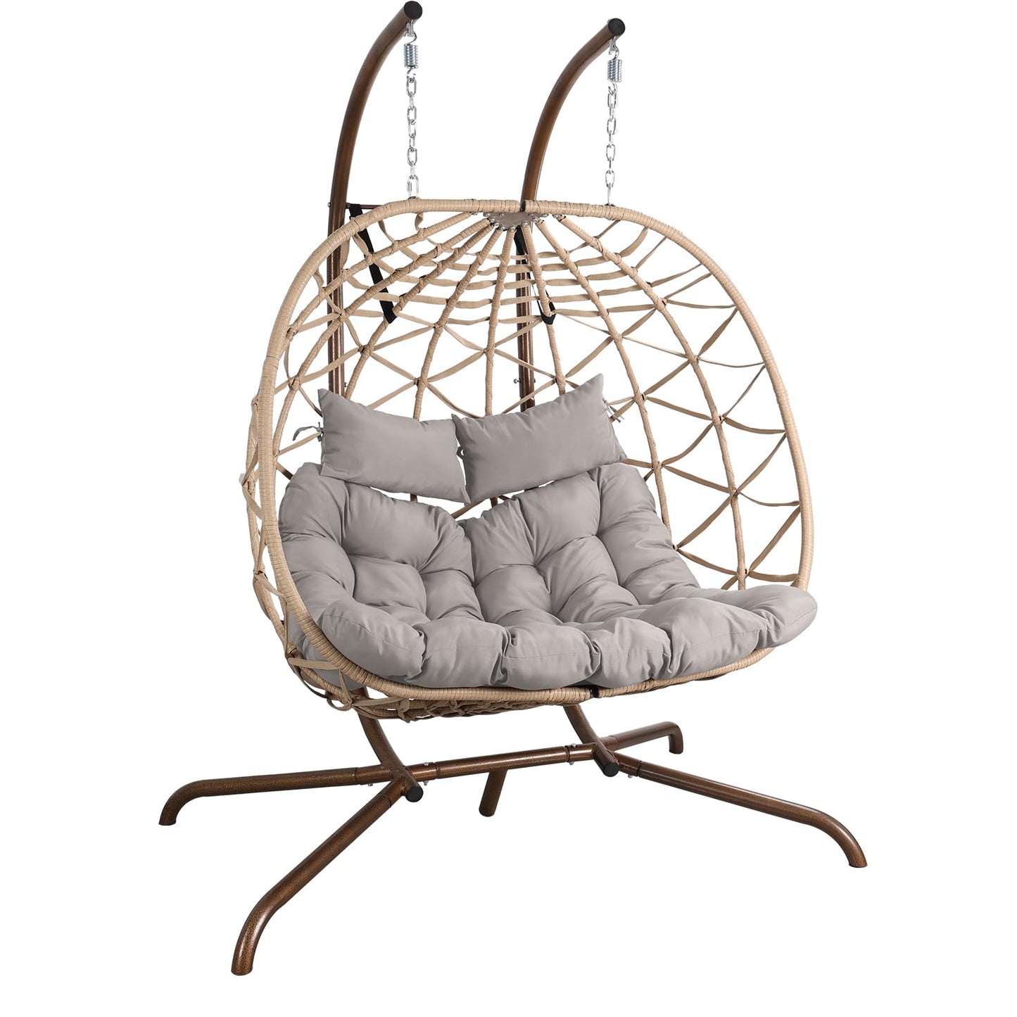 NOBLEMOOD Outdoor Egg Swing Chair with Stand, 2 Person Patio Swing Chairs with Thick Cushions and Pillows, Wicker Double Egg Chair Swing for Indoor Bedroom
