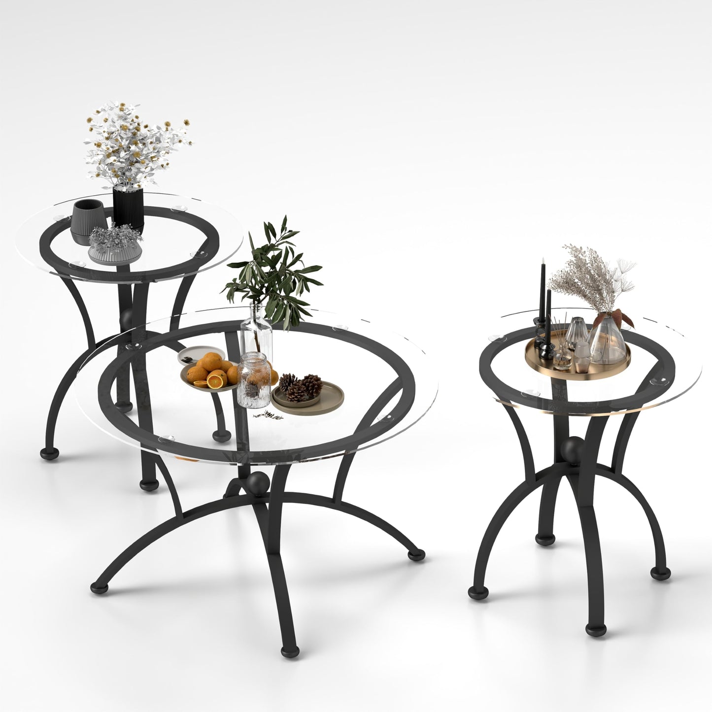 FILINGSKY Modern 3-Piece Tempered Glass Coffee Table Set – Sturdy Metal Frame, Elegant Design, Ideal for Living Room & Lounge Spaces(Round Tempered)