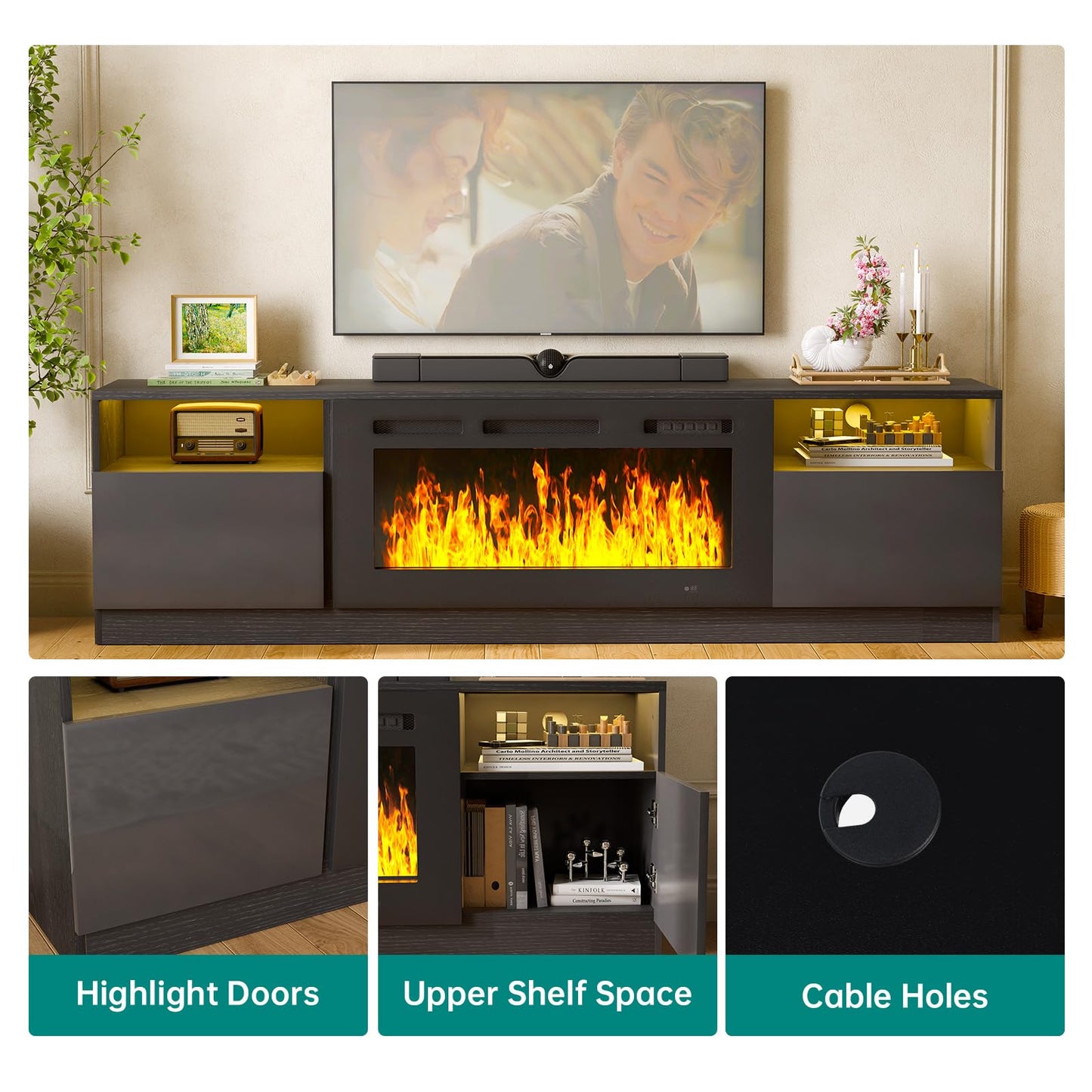 oneinmil 3-Piece Living Room Table Set Includes A 70'' Modern Fireplace TV Stand with 36'' Electric Fireplace, 2 Side Tables with Storage Space for Living Room, Bedroom, Black