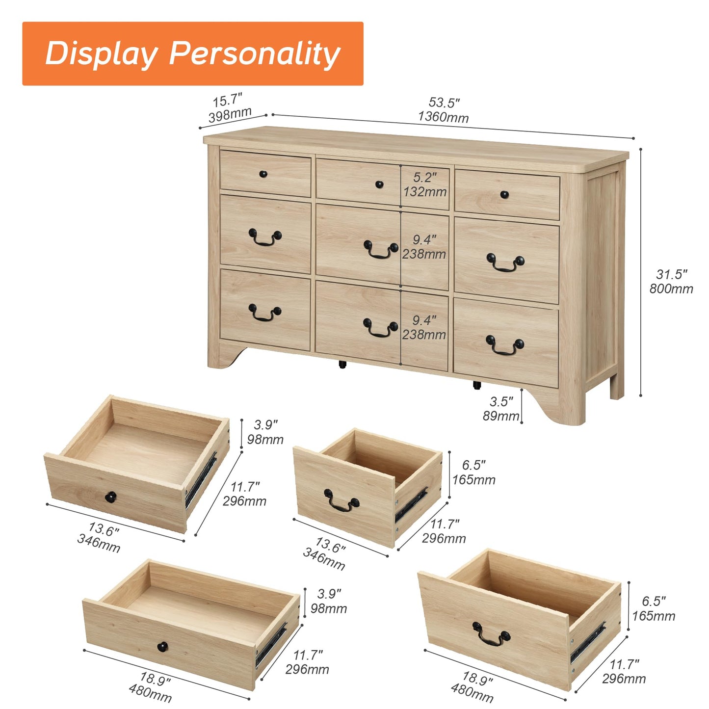 WAMPAT 9 Drawers Dresser for Bedroom, 53.5'' Wide Farmhouse Dresser TV Stand with Curved Edge Design and Wide Chests of Drawers,Storage Dressers Organizer Wood Dressers for Bedroom,Closet,Hallway,Oak