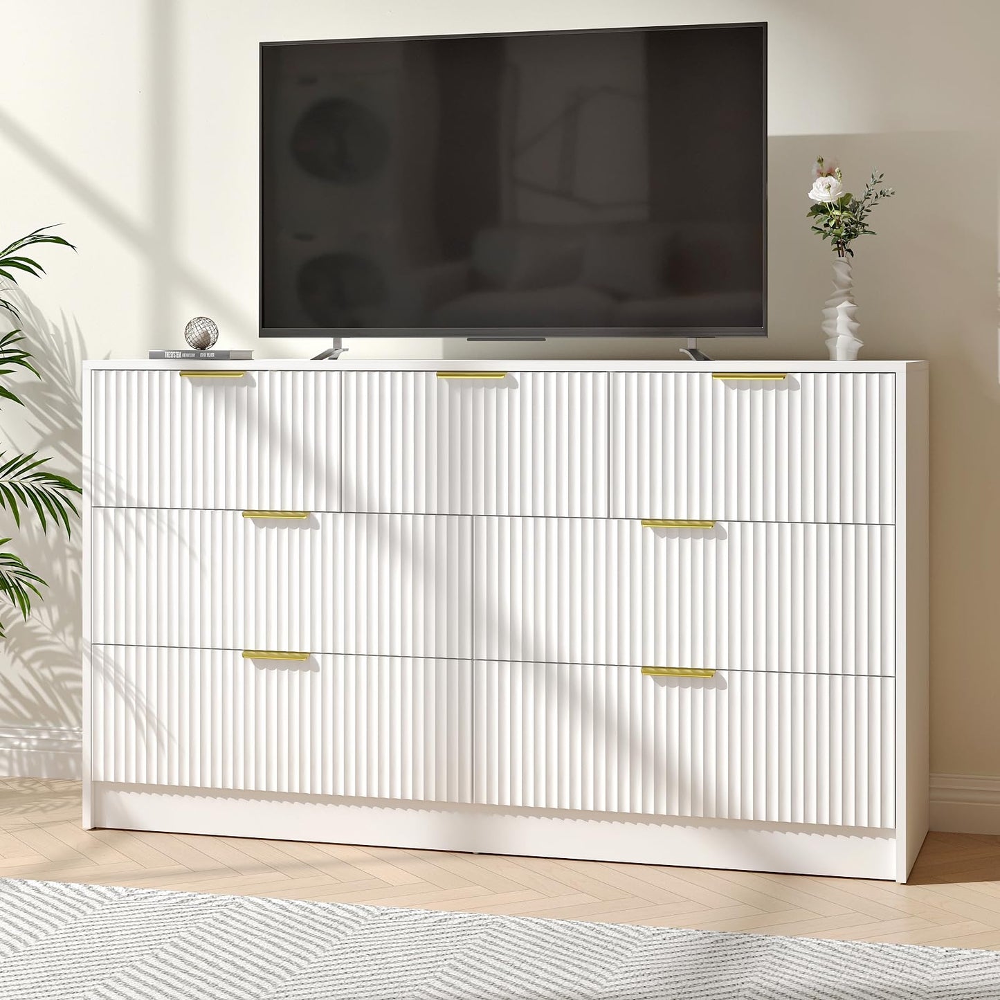 NOVAMAISON White Dresser with 7 Drawer - 55” Wide Fluted Dresser for Bedroom with Metal Handle, Modern Chest of Drawer for Bedroom, Closet, Living Room, White