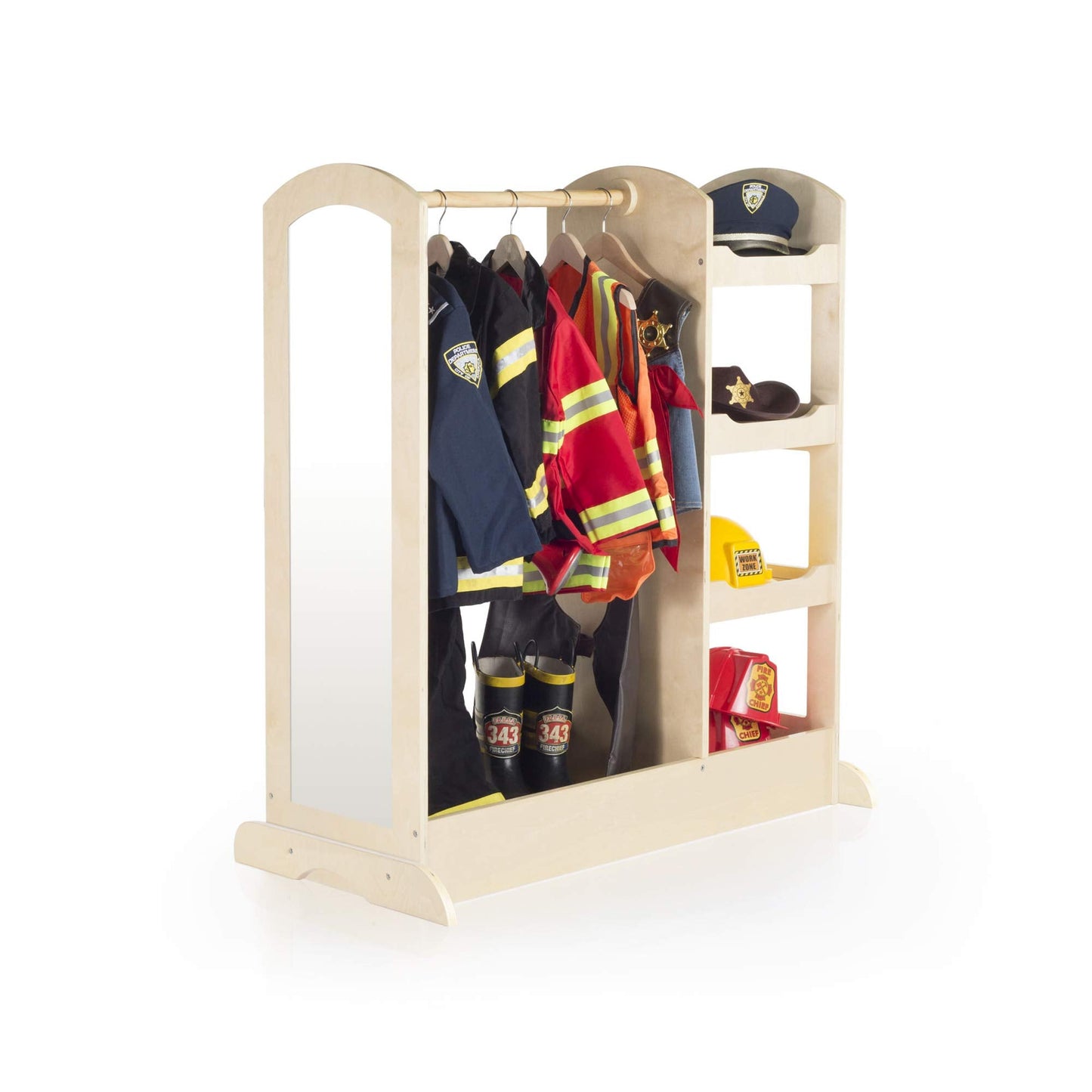 Guidecraft See and Store Dress-up Center – Natural: Armoire for Kids with Mirror & Shelves, Clothes Rack and Shoe Storage Dresser with Bottom Tray - Toddlers Room Furniture