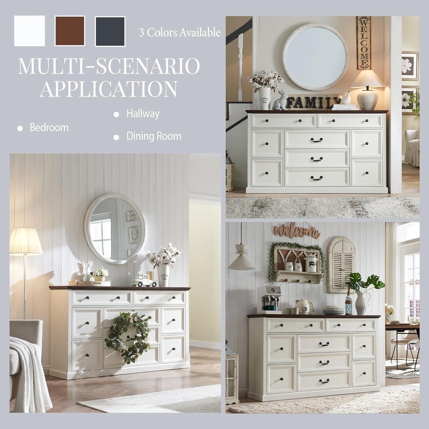 IFGET Farmhouse 9 Drawers Dresser for Bedroom, 60" Wide Wood Rustic Chest of Drawers, Large Storage Dressers Organizer for Bedroom, Living Room, Hallway, Dining Room-White