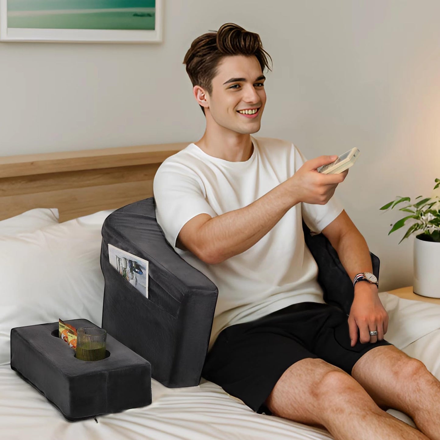 KKdema Reading Pillow & Gaming Pillow for Lap, Lap Desk Pillow for Gaming with Coaster, Soft Arm Rest Pillow for Adult, Memory Foam Rest Pillows for Reading, Working, Sitting in Floor Sofa, Grey