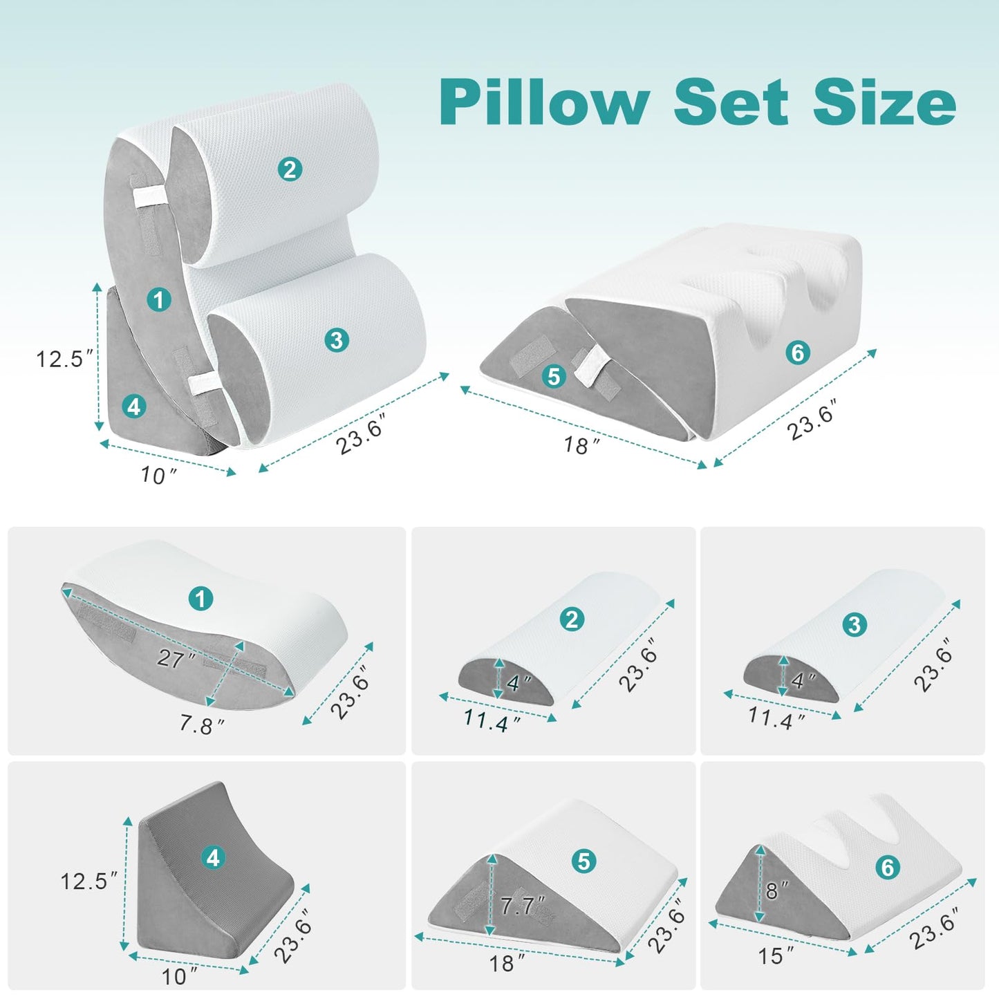Hansleep 6PCS Orthopedic Bed Wedge Pillow for Sleeping, Adjustable Post Surgery Pillow Set for Body, Back and Leg Pain Relief, Memory Foam Support Pillows for After Surgery, White