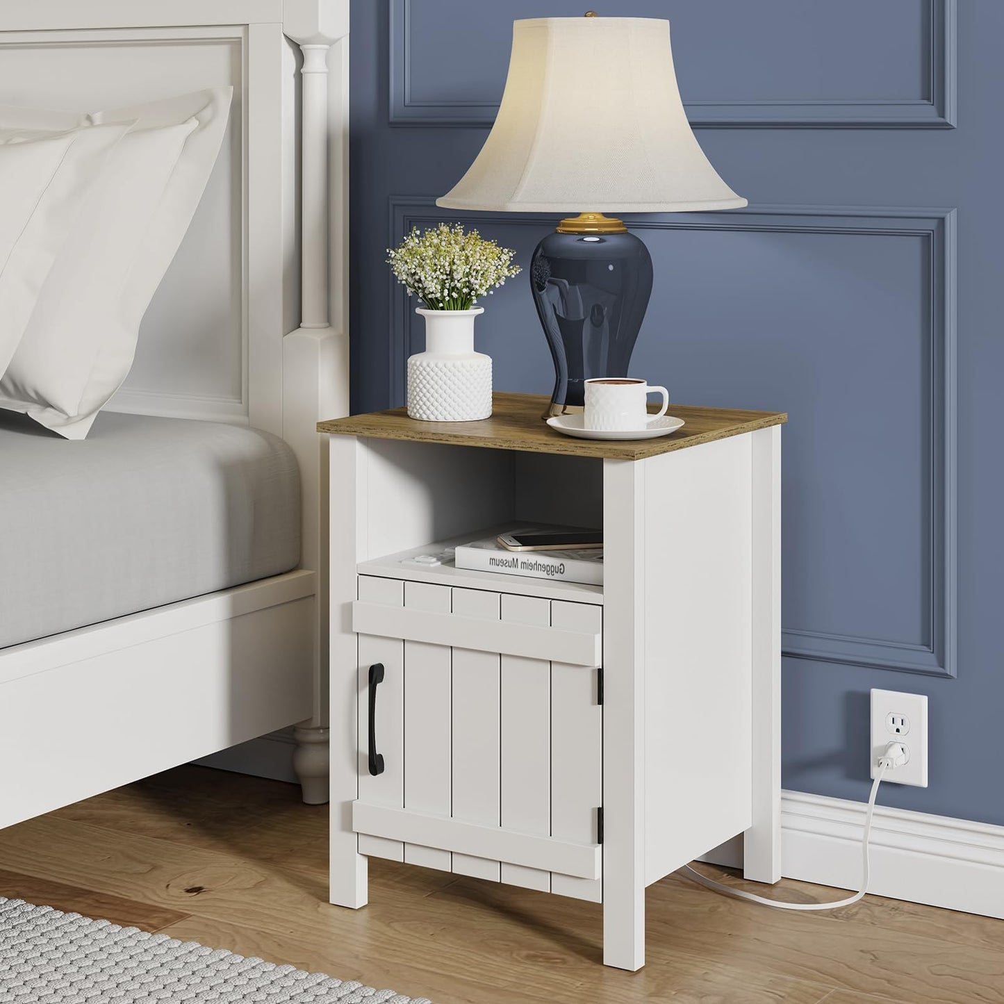 RRX Large Nightstand, End Table with Charging Station, 15.7''Lx17.7''Wx23.6''H Farmhouse Bedside Table with Barn Door and Storage Shelf, Wooden Sofa Side Table (2, White)