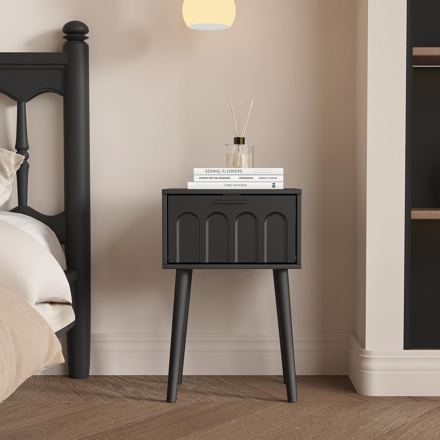 LAATOOREE Nightstand Set of 2, Small Bed Side Table with Arch Door, Mid-Century End Table with Wood Legs for Bedroom, Small Space (Black)