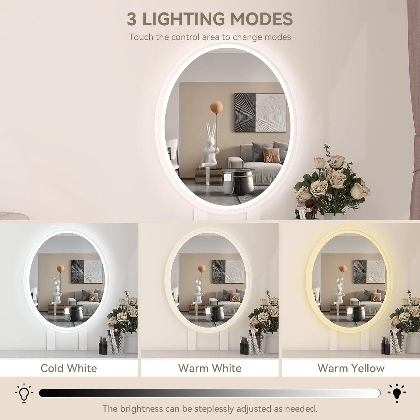 YOURLITE Makeup Vanity Desk with Lights, Small Vanity with Adjustable Brightness Mirror for Small Spaces, Dressing Table with Drawers 27.5", Oval Mirror Wood