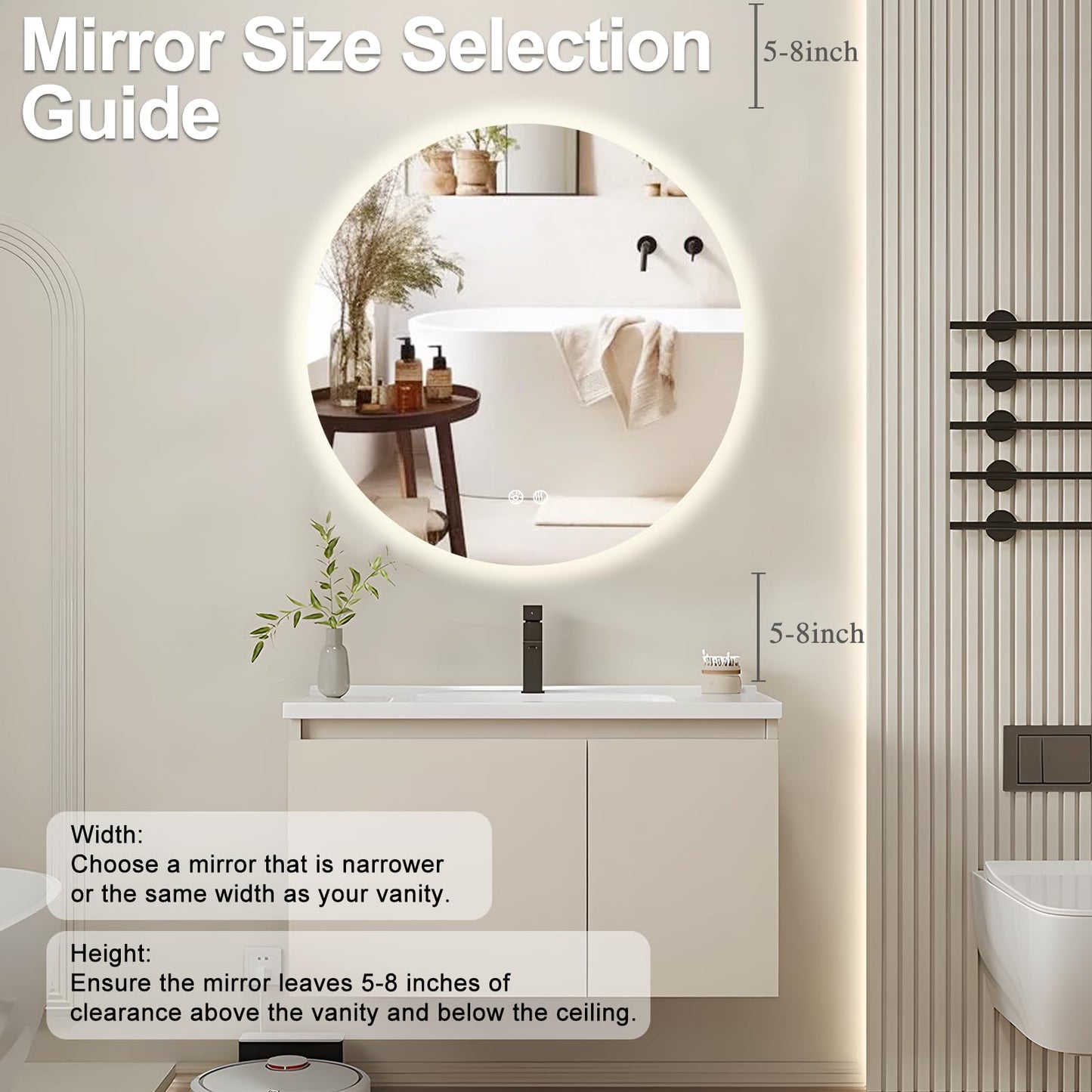 BuLife 36 Inch Round LED Bathroom Mirror Backlit Anti-Fog Wall Mounted Lighted Bathroom Vanity Mirror 3 Colors Light Dimmable Smart Makeup Mirror with Touch Switch