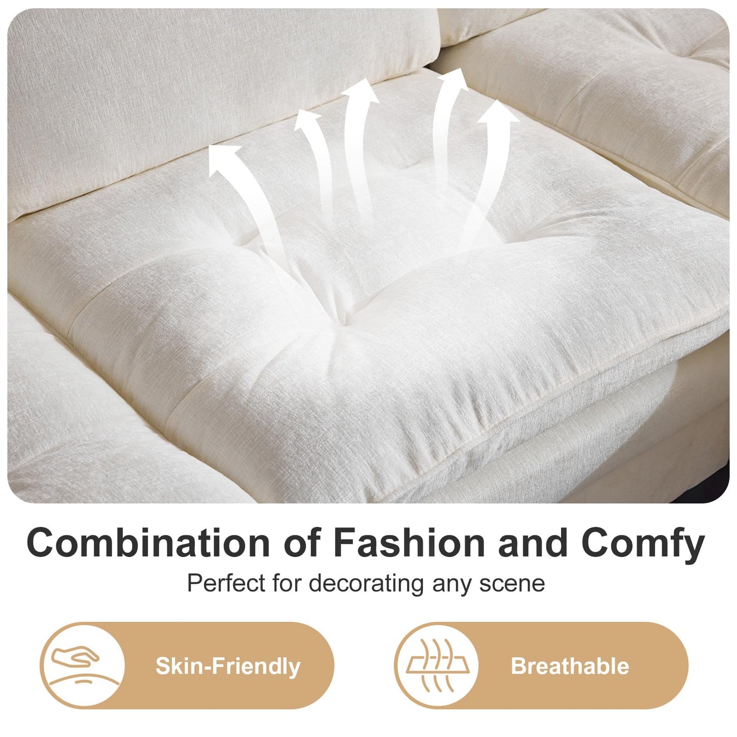 VINGLI 129” Oversized L-Shaped Cloud Sectional Sofa,Memory Foam Couch with Reversible Chaise Lounge,Comfy Couch with Double-Layer Deep Seat Cushions,Modern Sofa for Living Room,Chenille,Creamy White