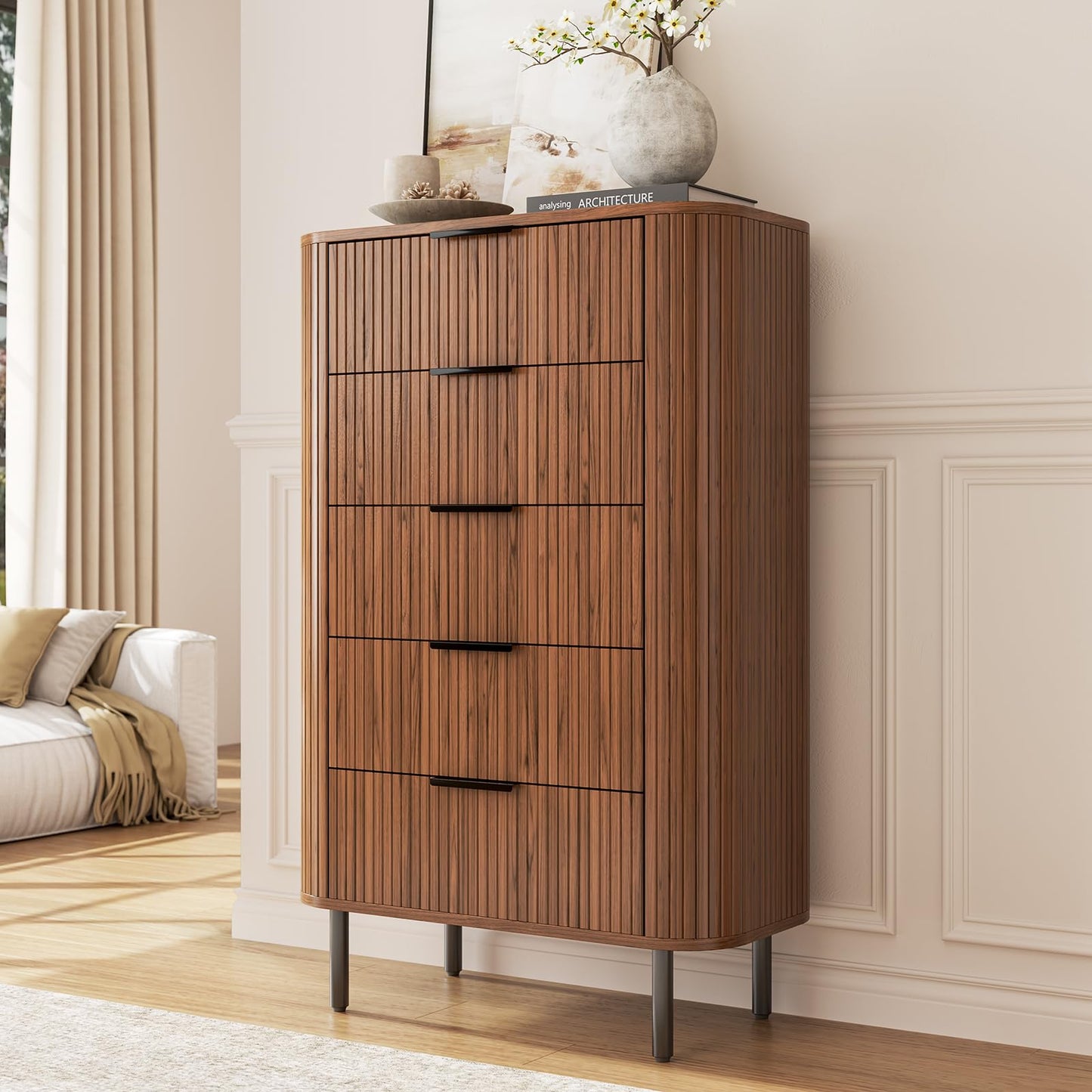 ONBRILL Fluted Dresser for Bedroom with 5 Drawers, 32 inch Chest of Drawers, Mid Century Modern Tall Dressers with Curved Profile Design for Closet, Wood TV Stand for Living Room, Hallway, Walnut