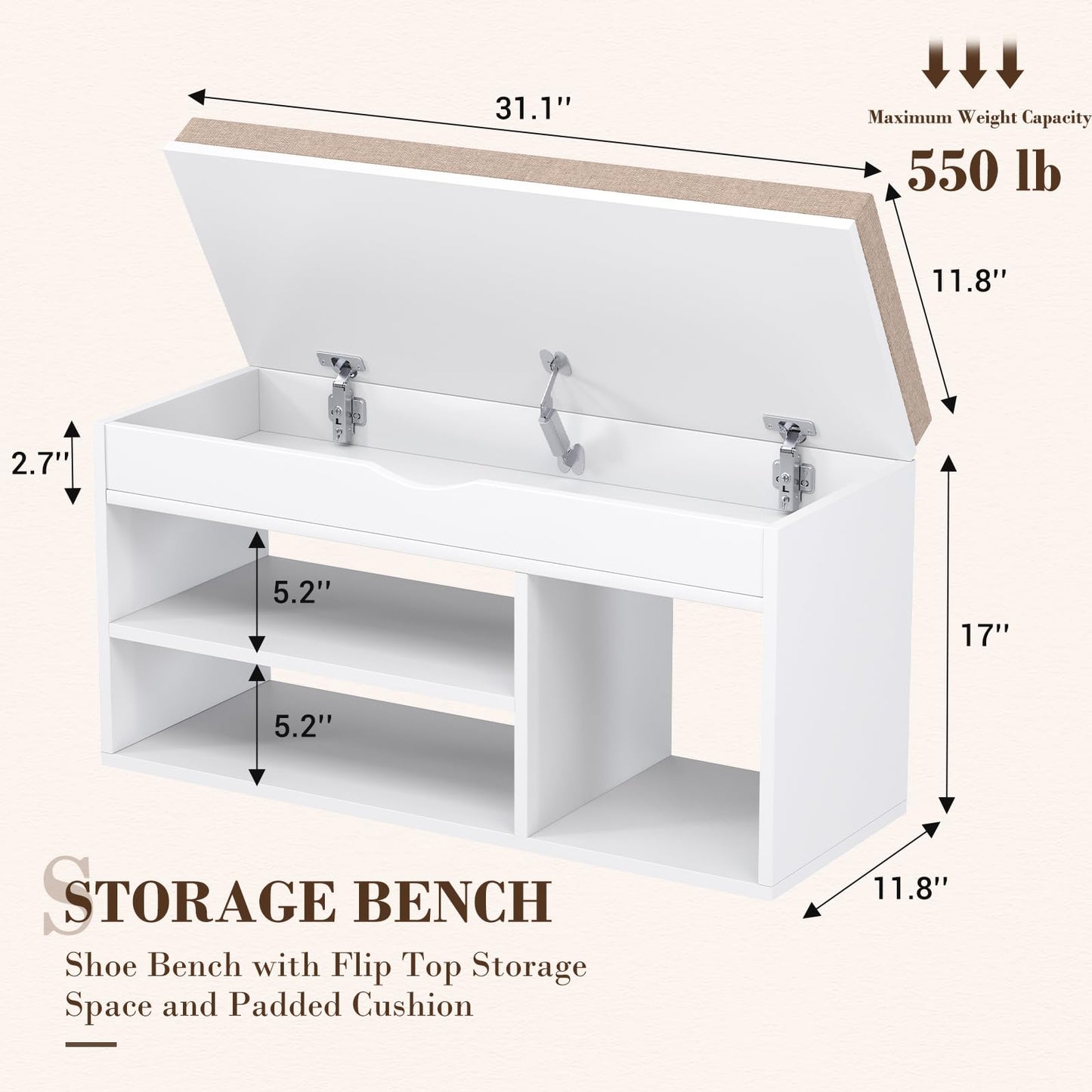Apicizon 31 Inches Storage Bench, Shoe Bench with Flip Top Storage Space and Padded Cushion, Wooden Entryway Bench for Entryway, Living Room, 2-Tier Shoe Rack Organizer, White