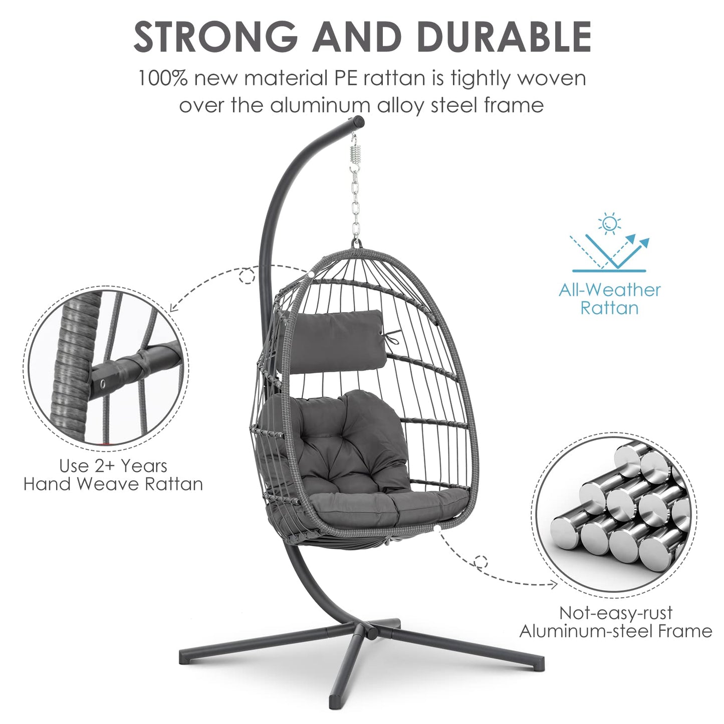Brafab Swing Egg Chair, Hammock, Hanging Chair, Aluminum Frame and UV Resistant Cushion with Steel Stand, Indoor Outdoor Patio Porch Lounge Bedroom Hand Made Wicker Rattan, 350LBS Capacity