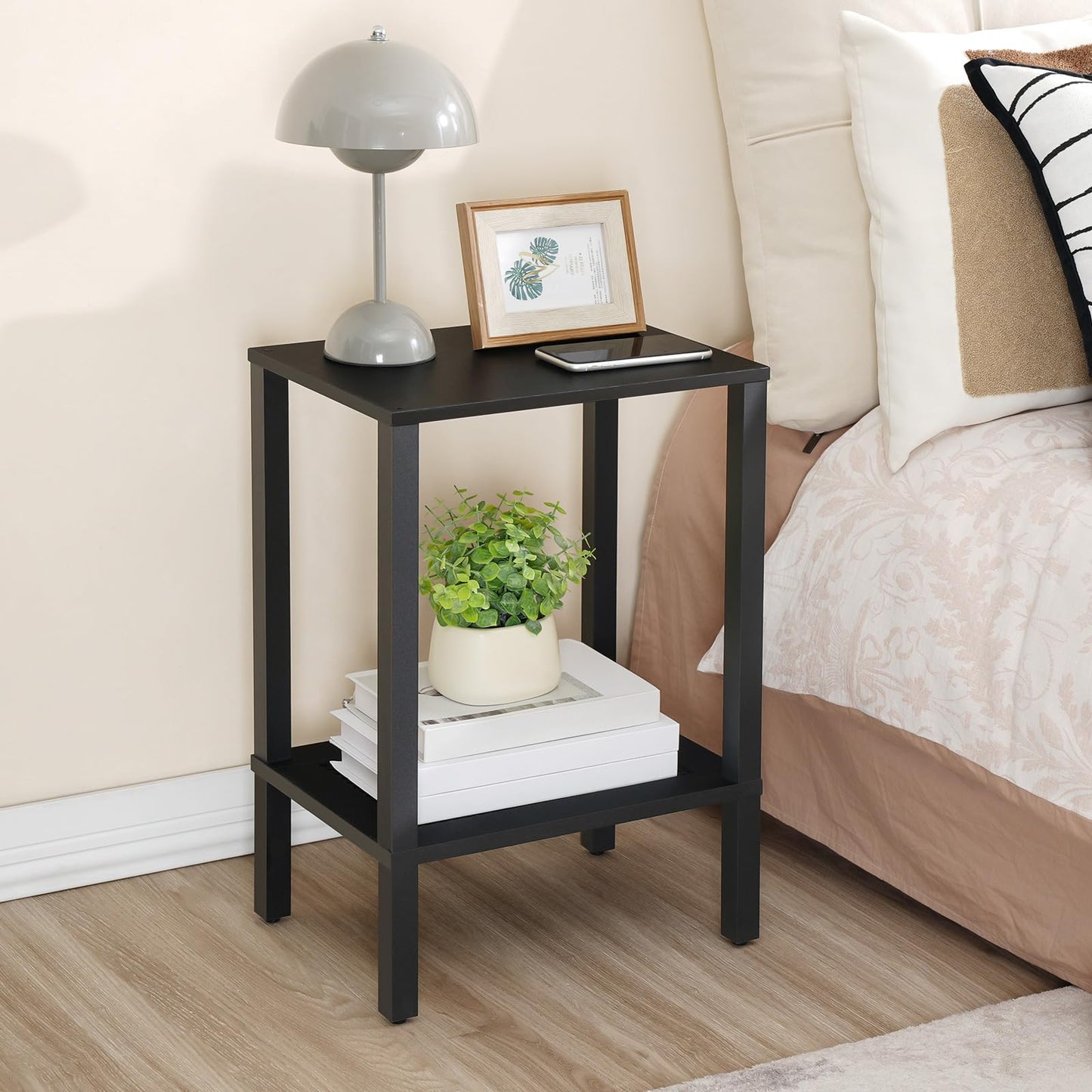 HOOBRO End Tables Set of 2, Small Side Tables with 2-Tier Storage Shelves, Nightstands with Faux Rattan Decoration, for Small Space, Living Room, Bedroom, Black BK91BZP201