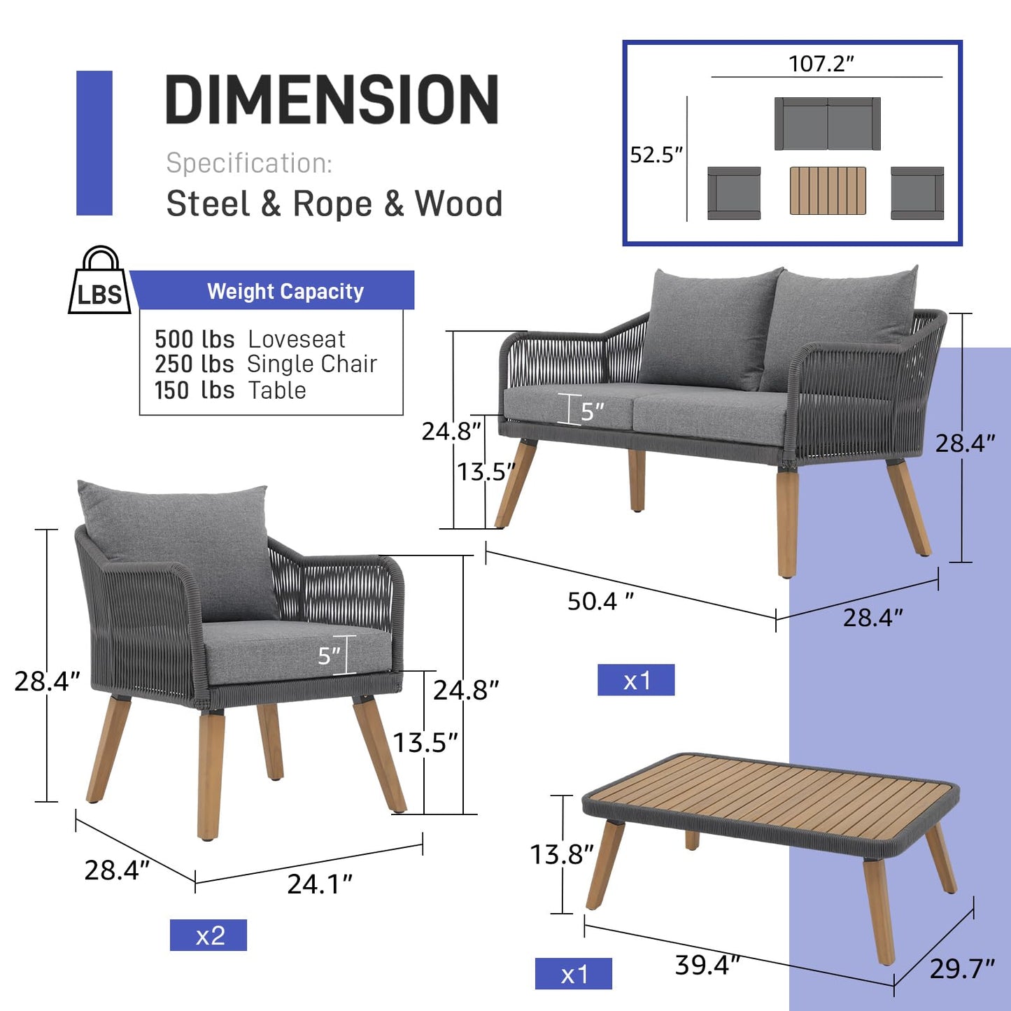 Patiorama 4-Piece Patio Furniture Set, Outdoor Acacia Wood Conversation Set, All-Weather Rope Sofa w/Coffee Table, Loveseat, Grey