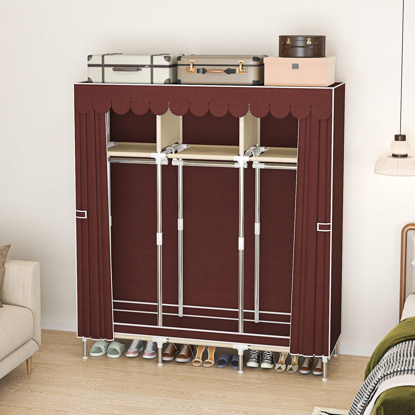 LEAIJIAFY Portable Wardrobe Closet with Metal Frame, Deep Red & Brown Fabric Cover, 3-Tier Storage with Hanging Rod, 3 Storage Area for Clothing,Bedding (Deep Red)