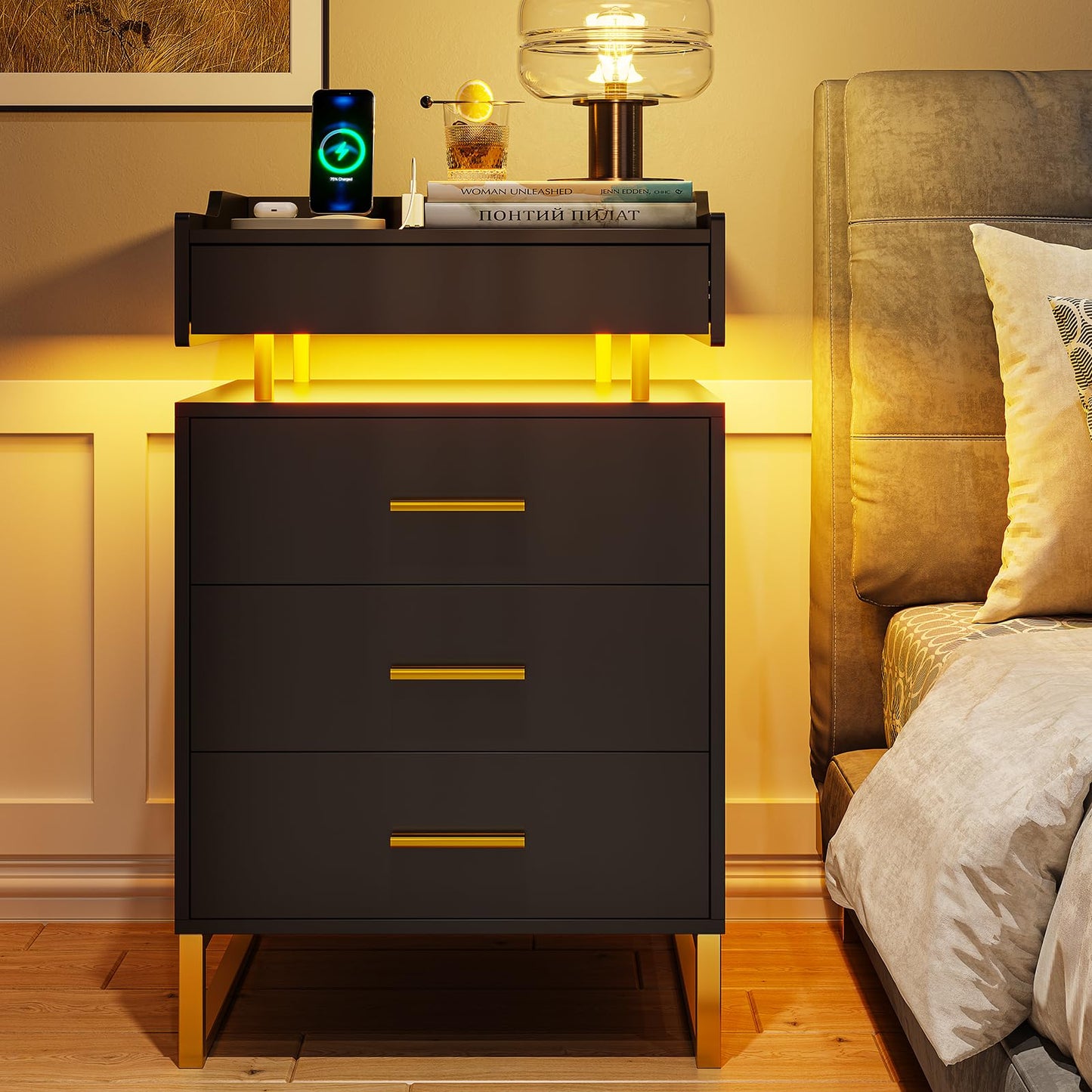 BTHFST LED Nightstand with Charging Station, Night Stand with 3 Drawers and 1 Pull-Out Tray, End Side Table with Storage, Bedside Table with LED Lights & Metal Legs, Black and Gold