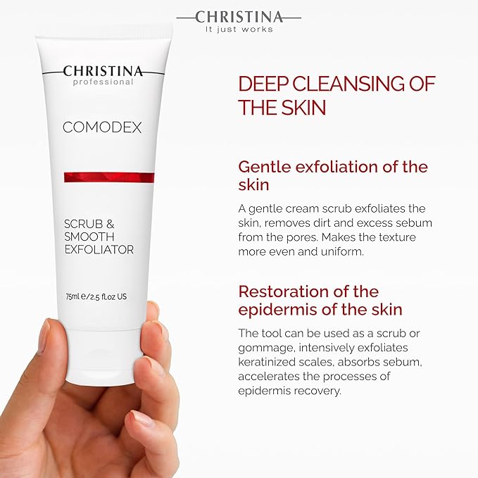Christina Comodex Scrub & Smooth Face Exfoliator | Fights Oiliness, Visible Pores and Dark Spots | Exfoliate for face Removes Dirt and Oil Residue | Even-Toned Skin Effect 75ml