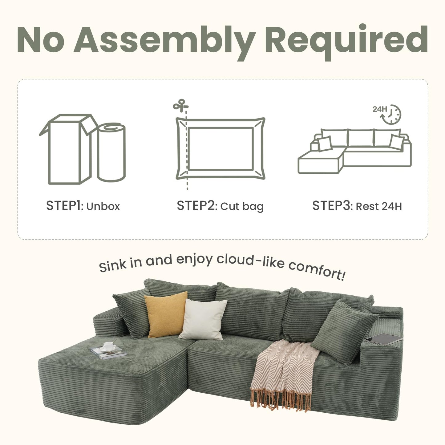 OC Orange-Casual 106.3" Cloud Sectional Couch with L-Shape Chaise,No Assembly Required Modular Sofa,Upholstered Boneless Couches for Living Room, Plush Corduroy Fabric (Green, Left Facing Chaise)