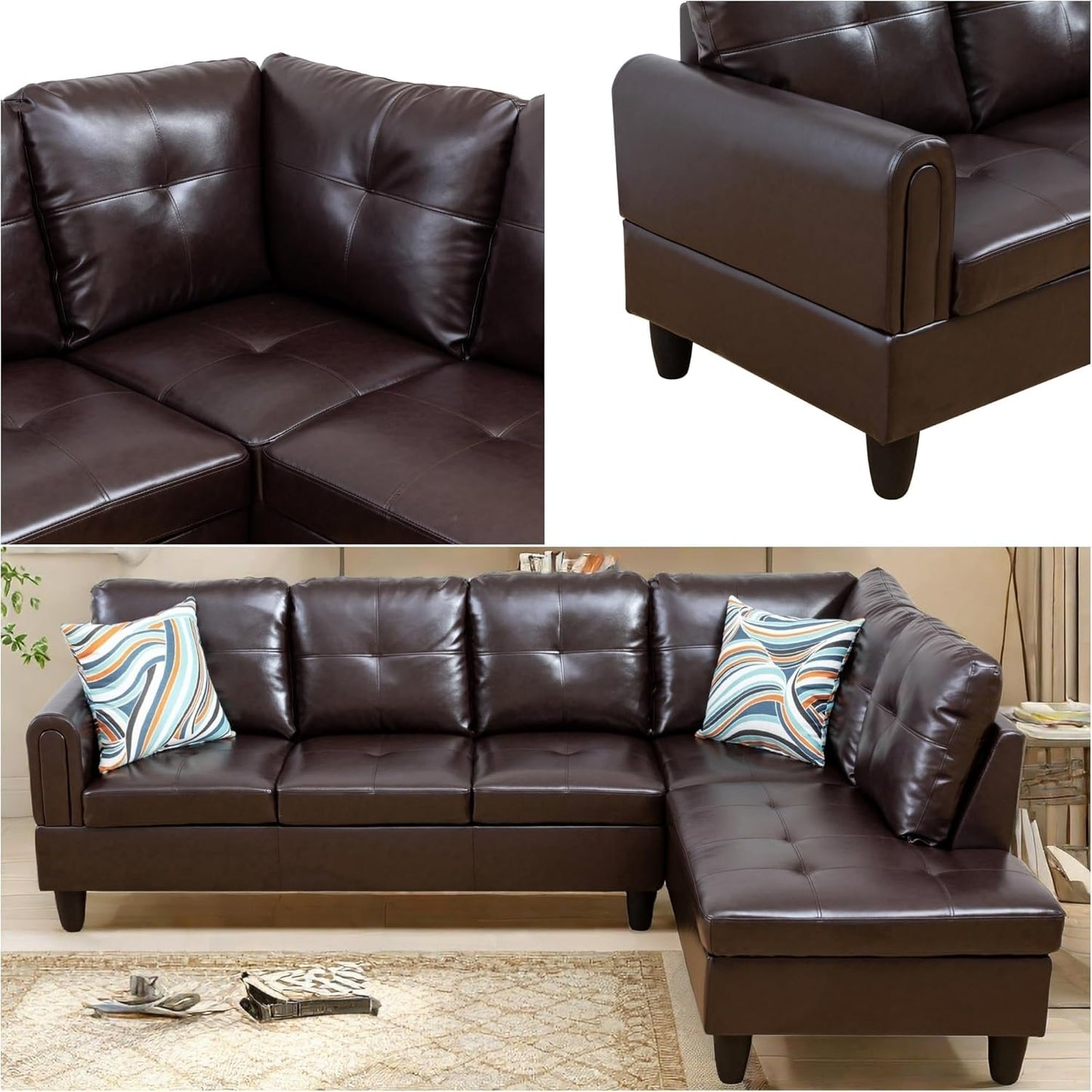 Modern L-Shaped Sectional Sofa with Chaise, High-Density Sponge Cushions, Light Gray (Leather)