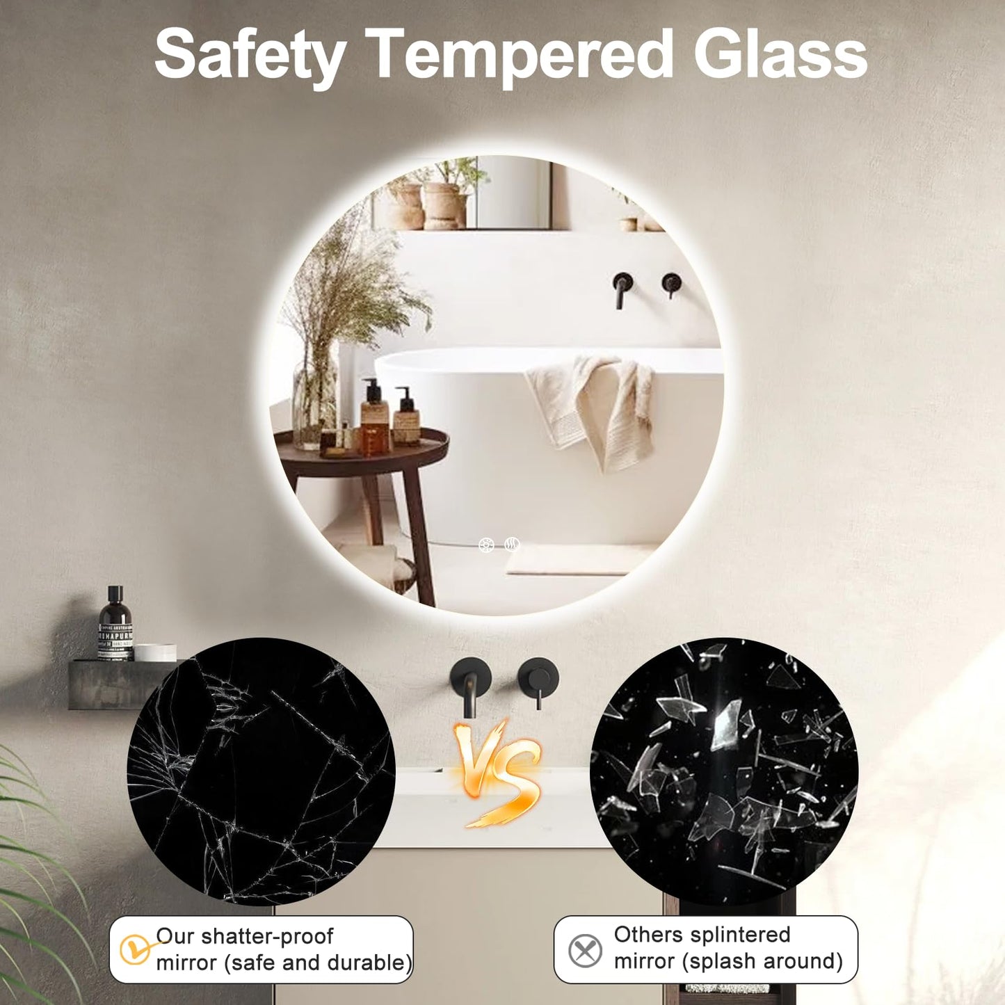 BuLife 36 Inch Round LED Bathroom Mirror Backlit Anti-Fog Wall Mounted Lighted Bathroom Vanity Mirror 3 Colors Light Dimmable Smart Makeup Mirror with Touch Switch