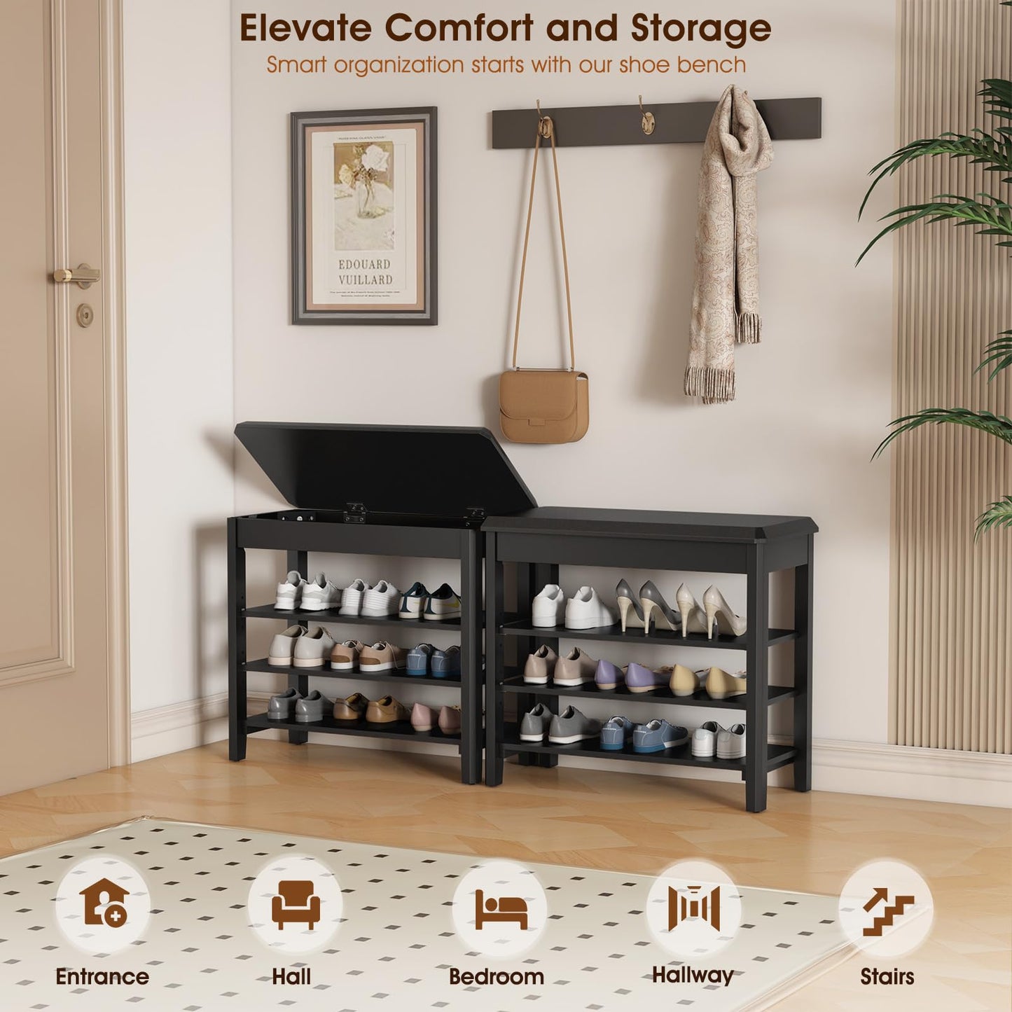 IUNVR Shoe Rack Bench Seat Rubberwood 3-Tier Wooden Storage Bench 550lbs Compact Mid-Century Modern Design for Entryway, Hallway, Closet, Front Door Entrance, Foyer
