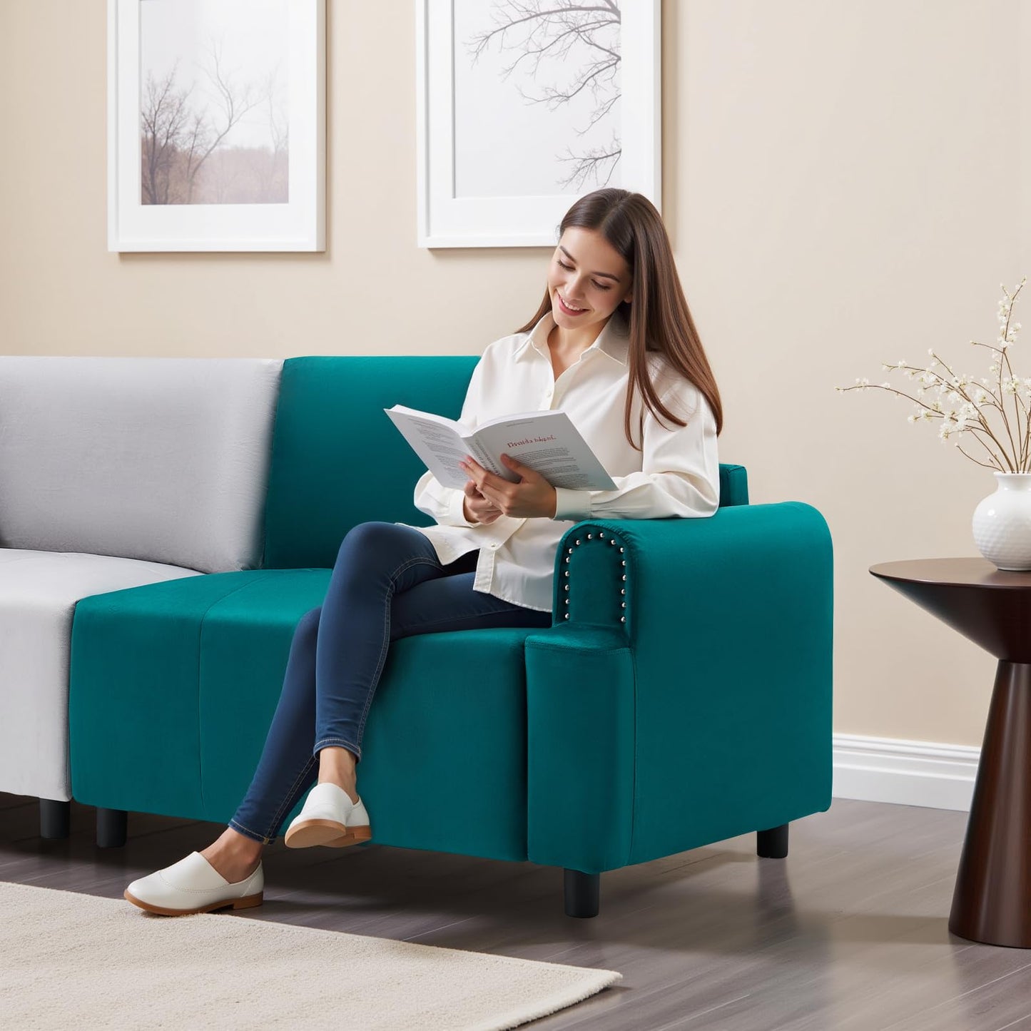 PLANNTONNEO 87" Sectional Sofa Modular Deep Seat Sofa Couch, Futon Sofa Bed,Modern Velvet Sofa Sleeper with USB Ports Comfy Upholstered 3 Seater Couches for Living Room Apartment Bedroom, Green+Gray