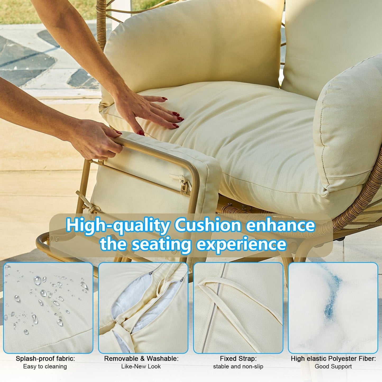 Outlux Wicker Egg Chair with Cushion & Footrest - Oversized 450lb Capacity Boho Hanging Chair for Indoor/Outdoor - Beige Rattan Lounge Seat for Patio, Balcony, Garden, Home