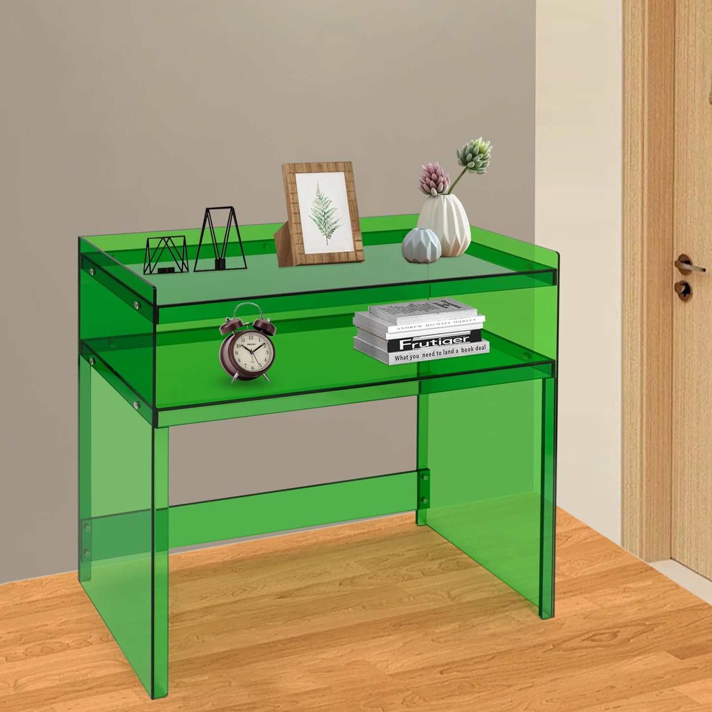 BuufuS Acrylic Console Table, Modern Narrow Sofa Console Tables with 2 Tier Storage Shelves Skinny Entryway Clear Table 39.5" Wx12 Dx 31.5" H for Sofa Foyer Hallway Living Room Entry (Green)