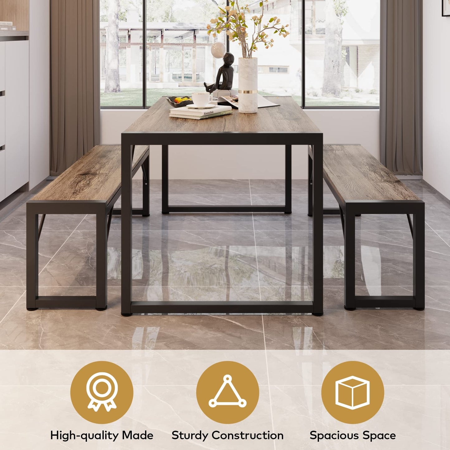 Gizoon 45.5" Dining Table Set for 4 with 2 Benches, Kitchen Table Set with Metal Frame & MDF Board, Space-Saving Dinette for Kitchen, Dining Room -Grey