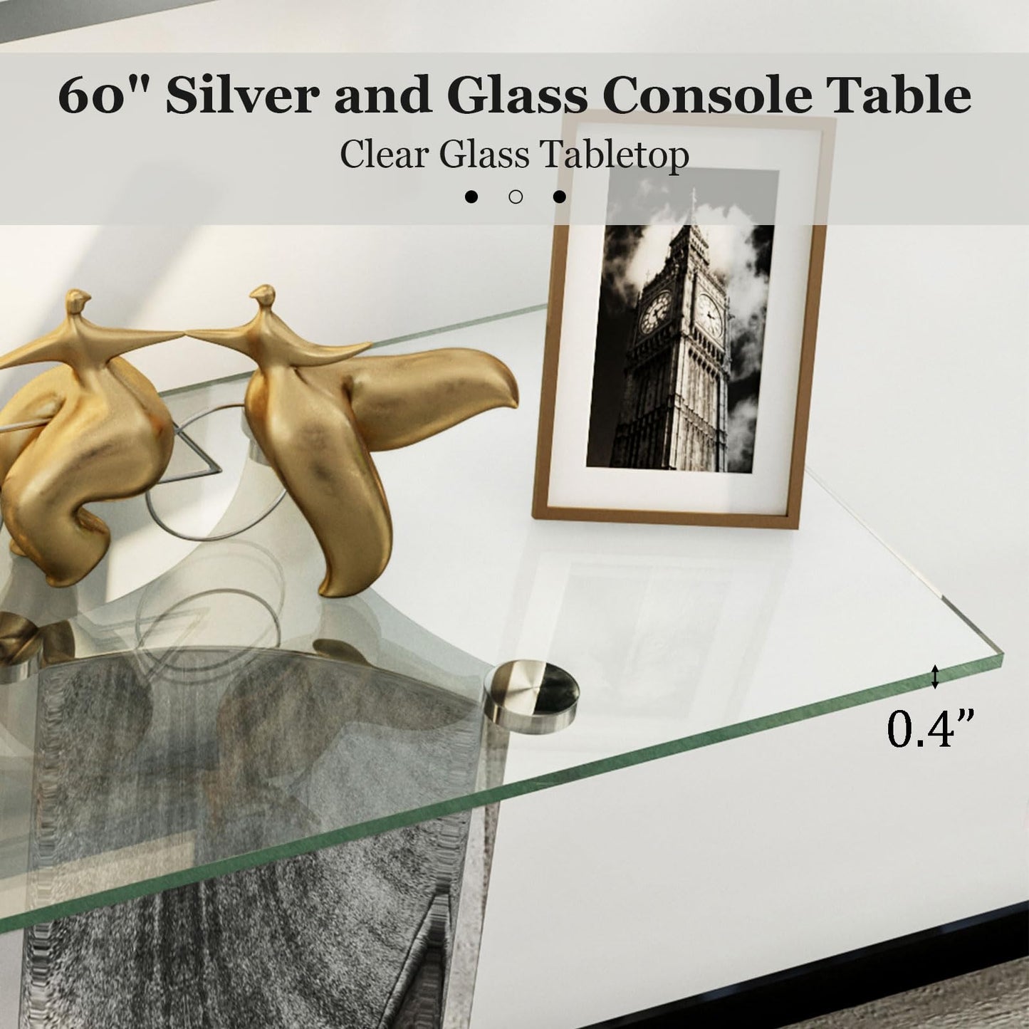 Asday Silver and Glass Console Table, 60 Inch Sofa Table, Silver Rectangle Entryway Table with Polished Mirror Base for Living Room, Hallway