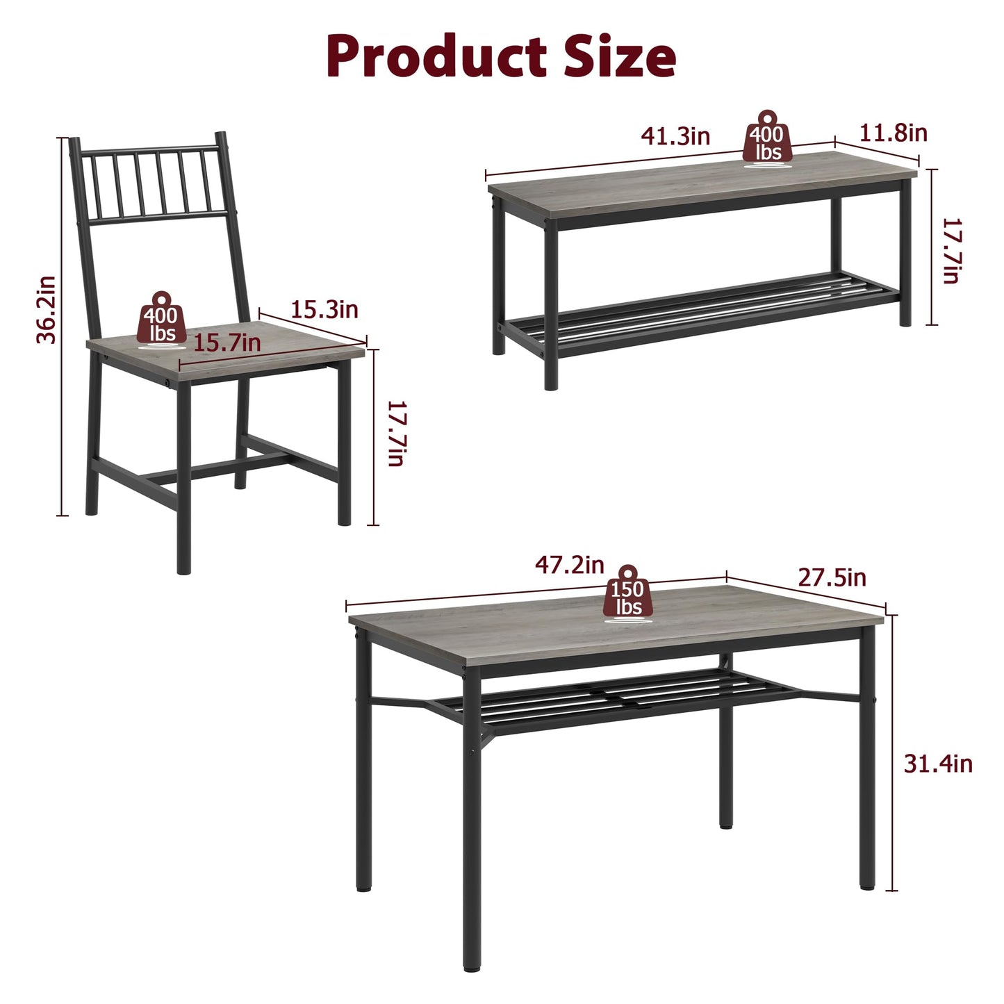 GAOMON Dining Table Set for 4 with Bench and 2 Chairs, Rectangular Kitchen Table Set with Wine Rack, Dining Room Table Set for 4 with Storage Benches for Small Space, Apartment, Rusric Grey