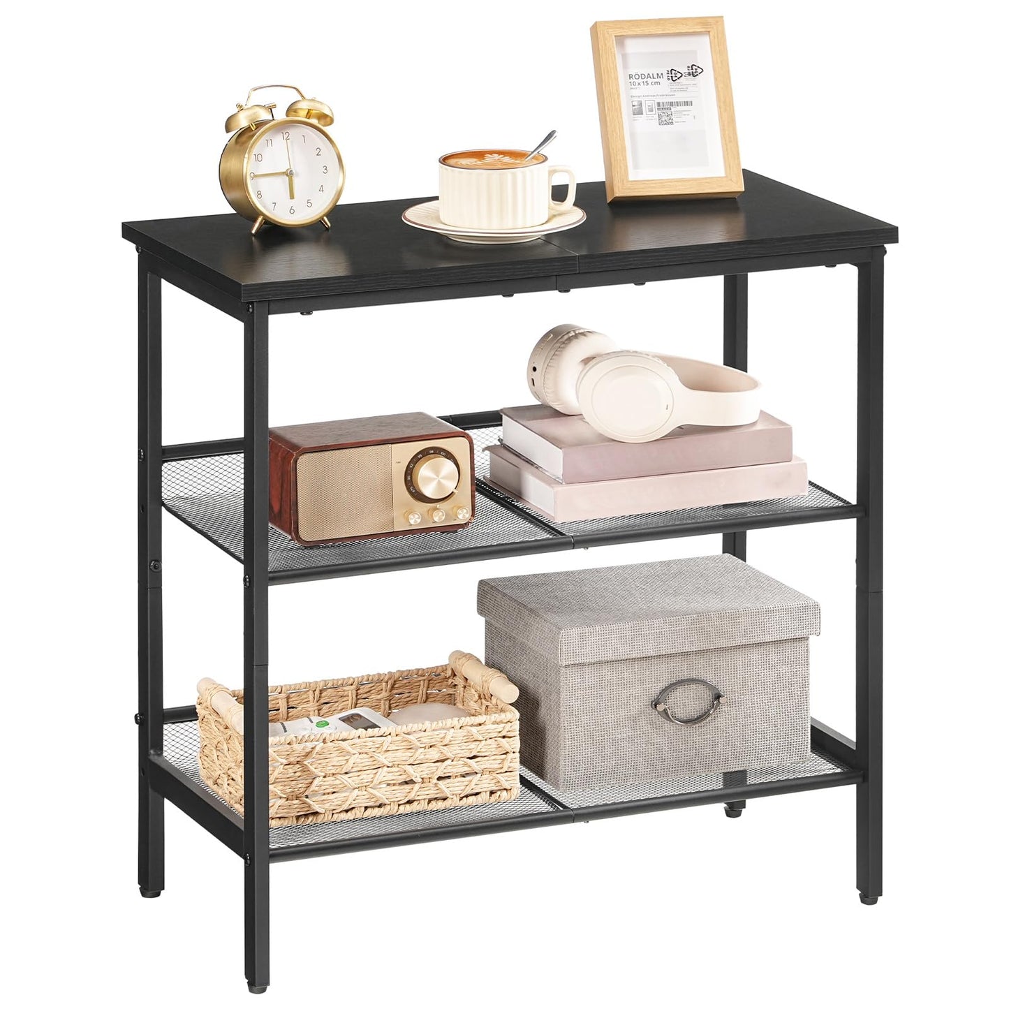 HOOBRO Black Side Table, 3-Tier Metal Side Table, Small Black Table with 2 Flat or Slant Adjustable Shelves for Small Spaces, Hallway, Living Room, Bedroom, Sturdy, Easy Assembly, Black BB23BZ01G1