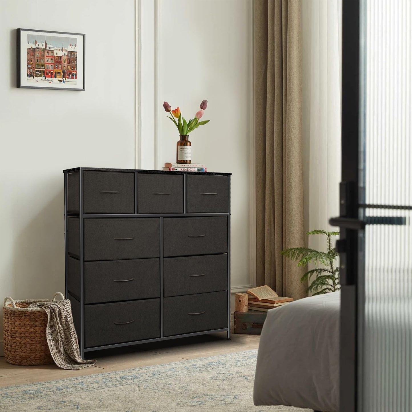 Sonharlar Dresser for Bedroom with 9 Drawers, Chest of Drawers, Storage Drawers Organizer Unit, Black Wide Fabric Dresser with Fabric Bins for Closet, Living Room, Entryway (Charcoal Black)