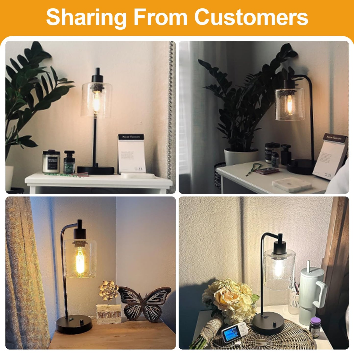 Set of 2 Industrial Table Lamps with USB Port, Fully Stepless Dimmable Bedside Lamps for Bedrooms, Nightstand Desk Lamp with Clear Glass Shade for Reading Living Room Office 2 LED Bulb Included