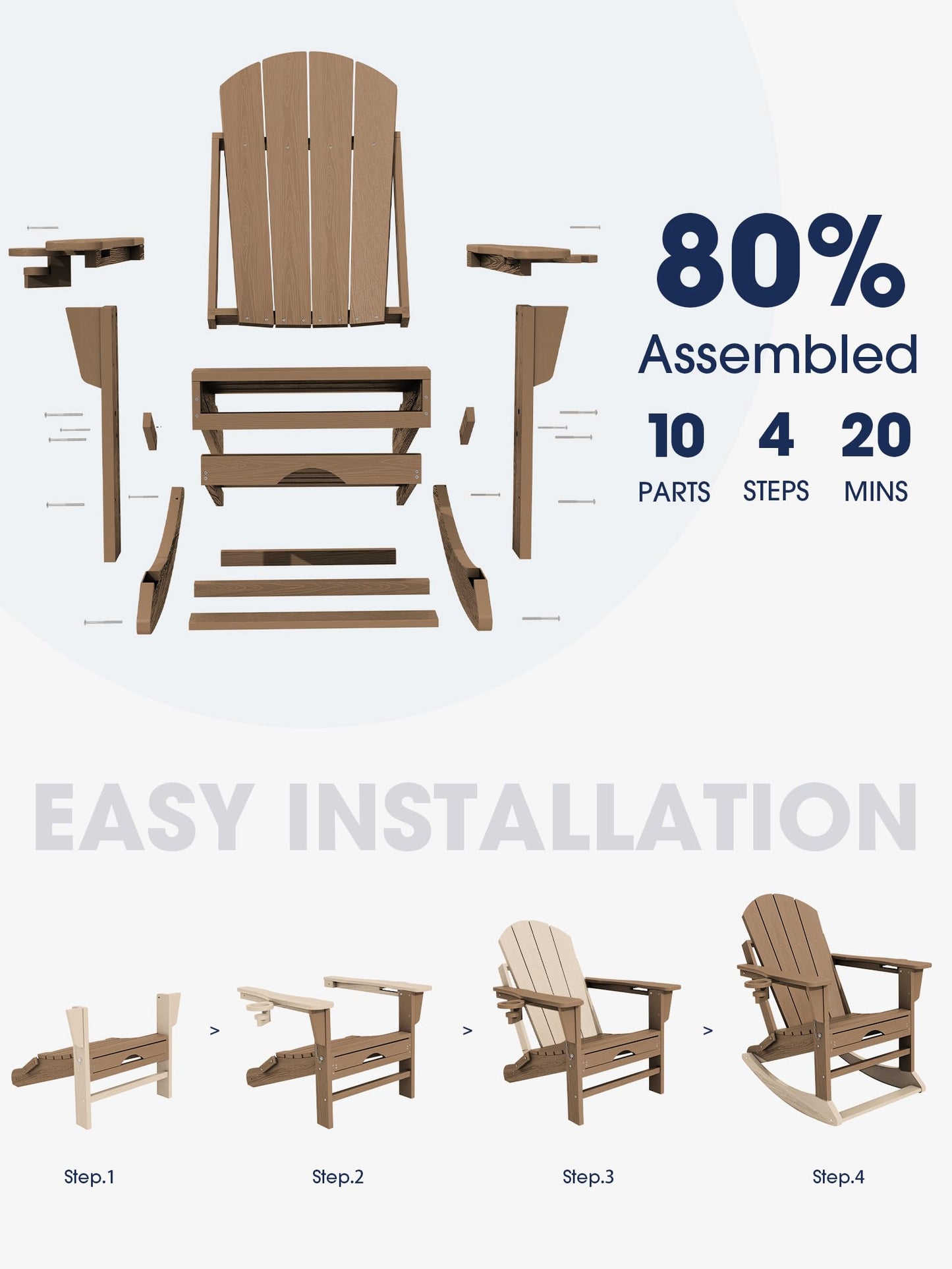 KINGYES Adirondack Rocking Chair Set of 2 with Retractable Ottoman and Cup Holders, HDPE Adirondack Rocker Patio Rocking Chair for Porch, Patio, Balcony, Brown