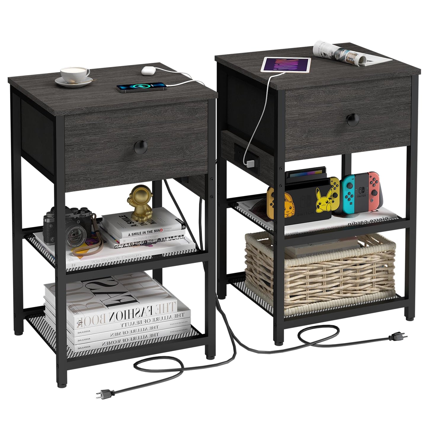 LTTDOUK Nightstands Set of 2 with Charging Station, Bedside Tables with Fabric-Wood 2-in-1 Drawer, End Table for Small Spaces, Grey Side Table with USB Ports and Outlets for Bedroom, Living Room