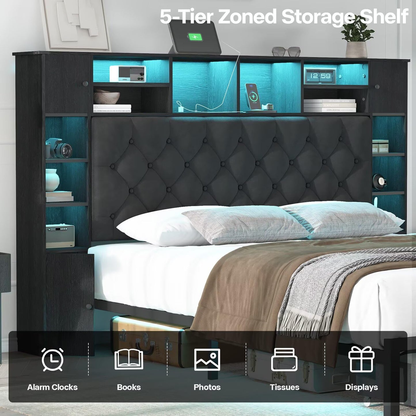 Siihnon Full Size Bed Frame with Bookcase Headboard and Storage Drawers, 51.2" Metal Platform Full Bed Frame with Charging Station and LED Lights, Velvet Upholstered Tufted Bed Frames, Black