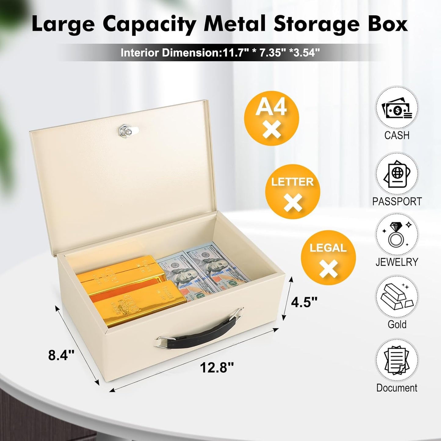 KYODOLED Fireproof Document Box with Key Lock, Small Safe Box for Valuables, Fire and Water Resistance, Fireproof Lock Box for Passport, Cash, Tablet, Exterior 12.8'' x 8.4'' x 4.5'' Beige