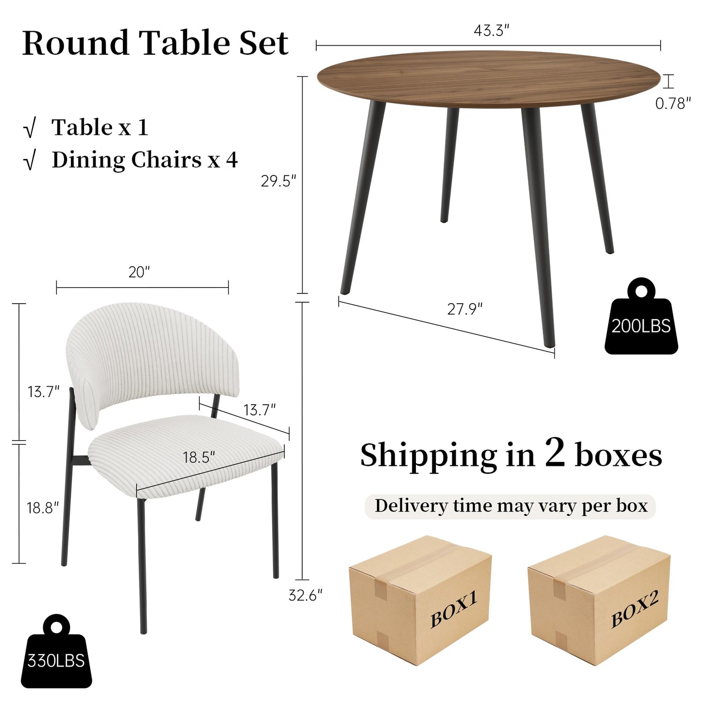 HIPIHOM 43.3 Inch Round Dining Table Set for 4, Modern Small Kitchen Coffee Set for Dining Room Kitchen Apartment (Walnut Table + 4 White Shell Chairs)