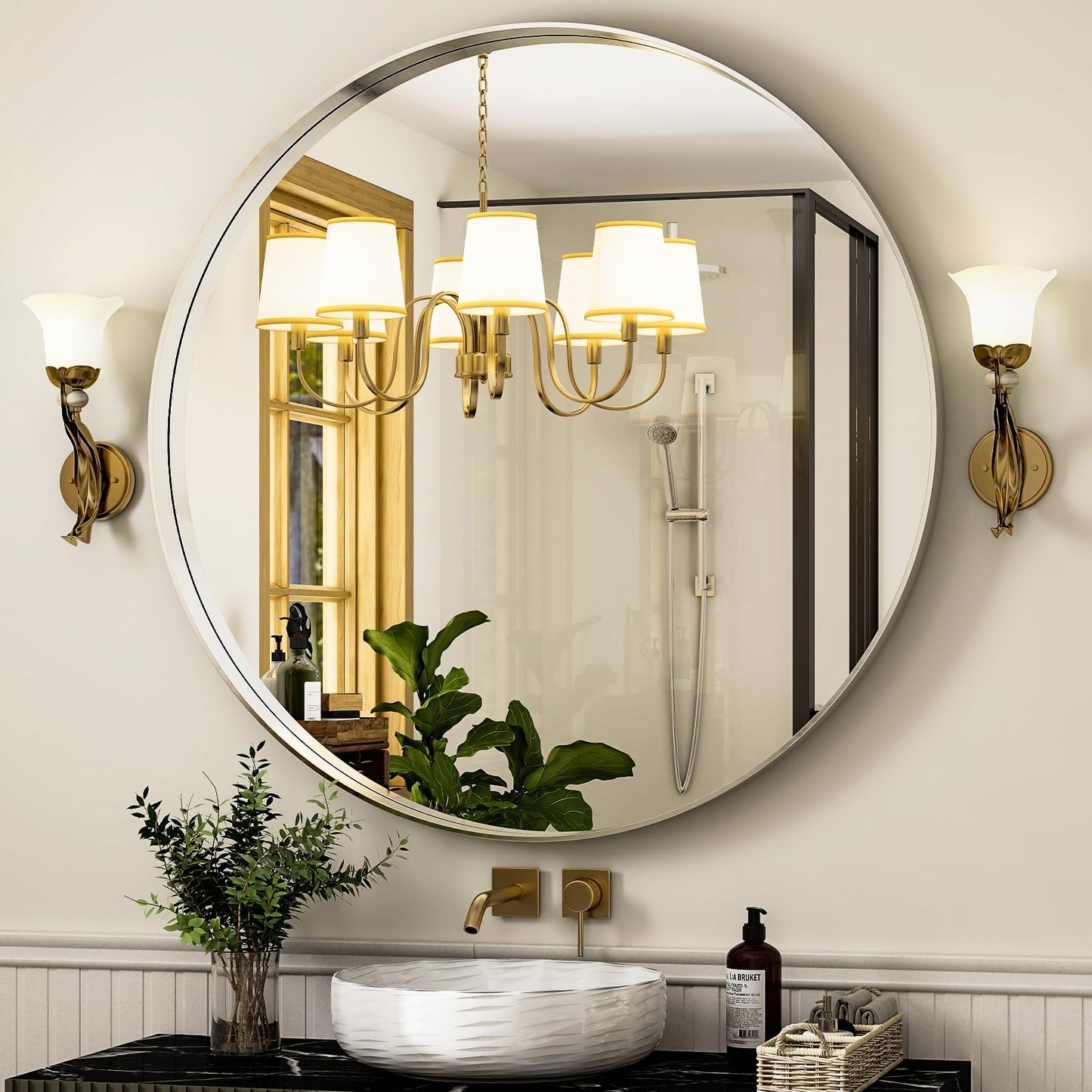 Easly 30 Inch Round Bathroom Mirror - Wall Mounted Circle Mirror with Metal Frame, Modern Mirror Suitable for Bathroom, Vanity, Entryway, Living Room, Wall Decor，Silver